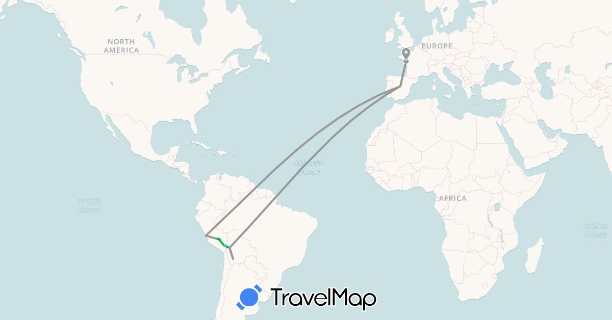 TravelMap itinerary: bus, plane, hiking, boat in Bolivia, Spain, France, Peru (Europe, South America)